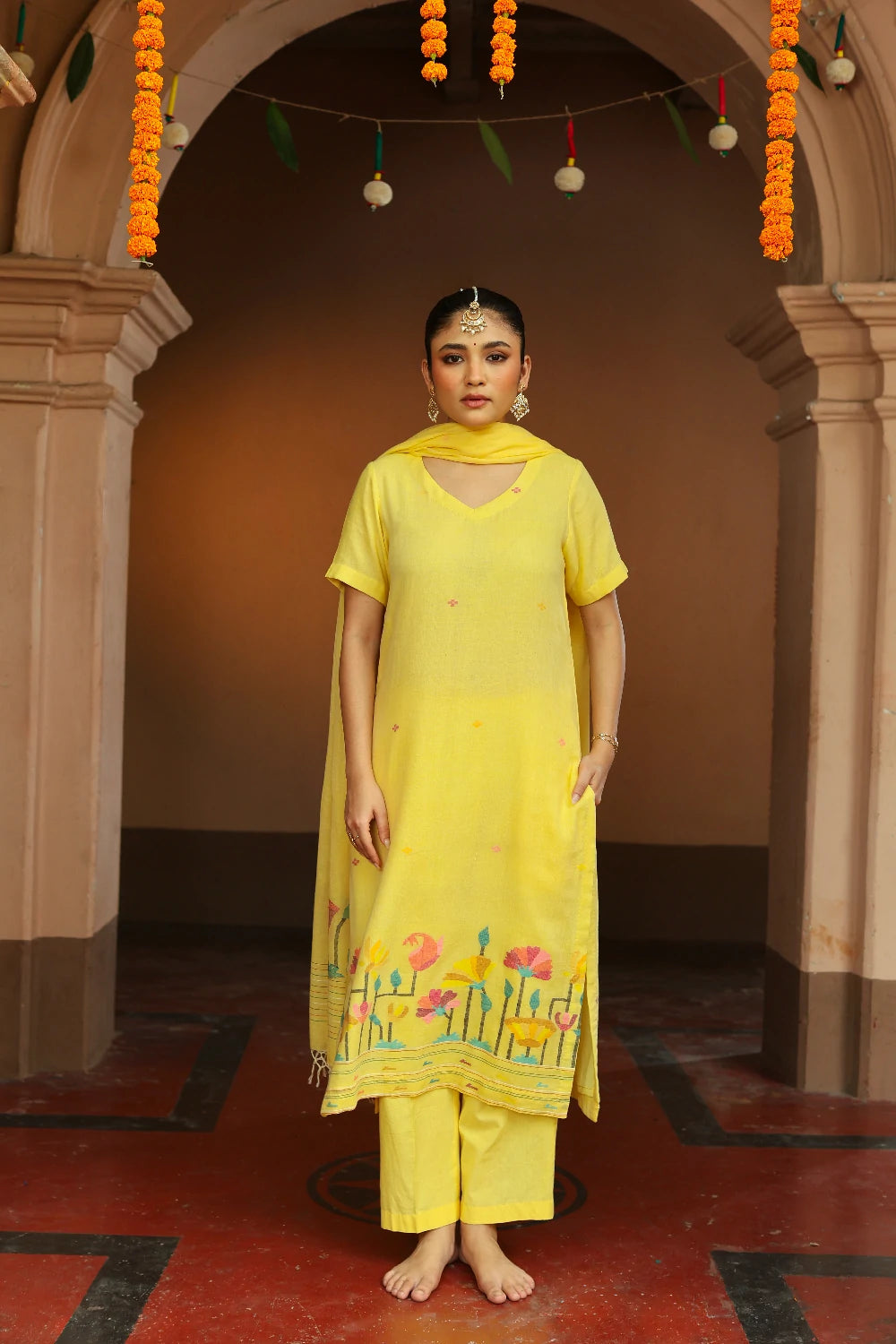 Handloom Soft Yellow Jamdani Suit Set With Dupatta