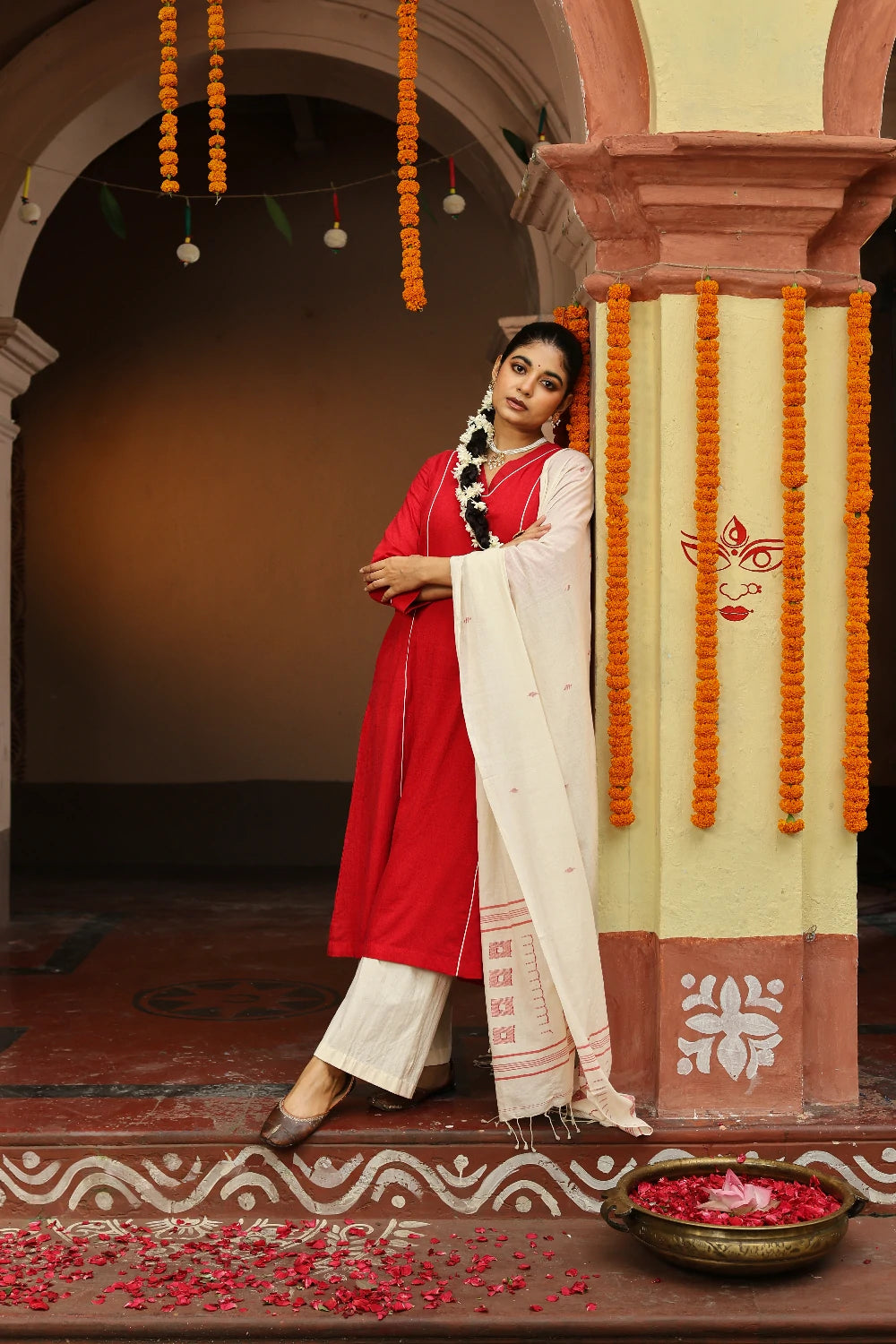 Red and White Jamdani Pujo Kurta Set With Dupatta