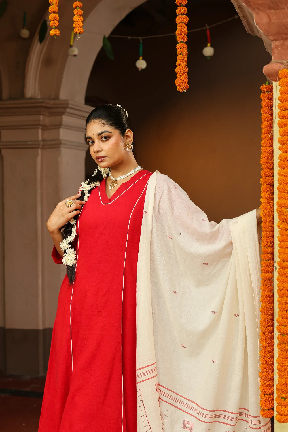 Red and White Jamdani Pujo Kurta Set With Dupatta