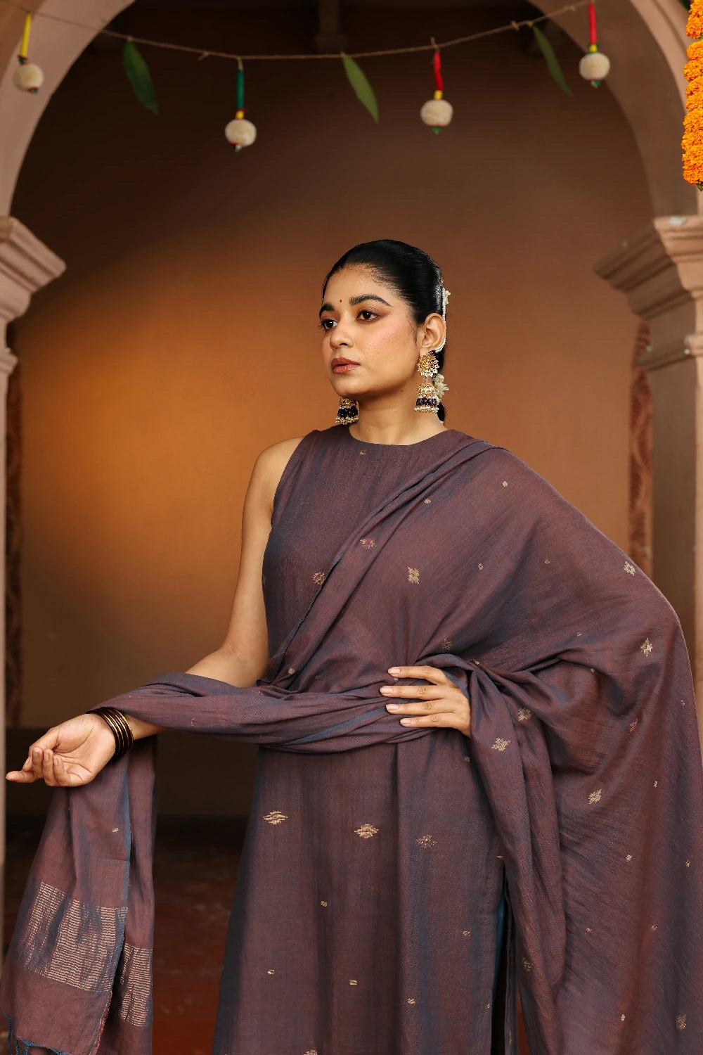 Handloom Coca Cola Pure cotton Zari Jamdani Kurta Set With Dupatta