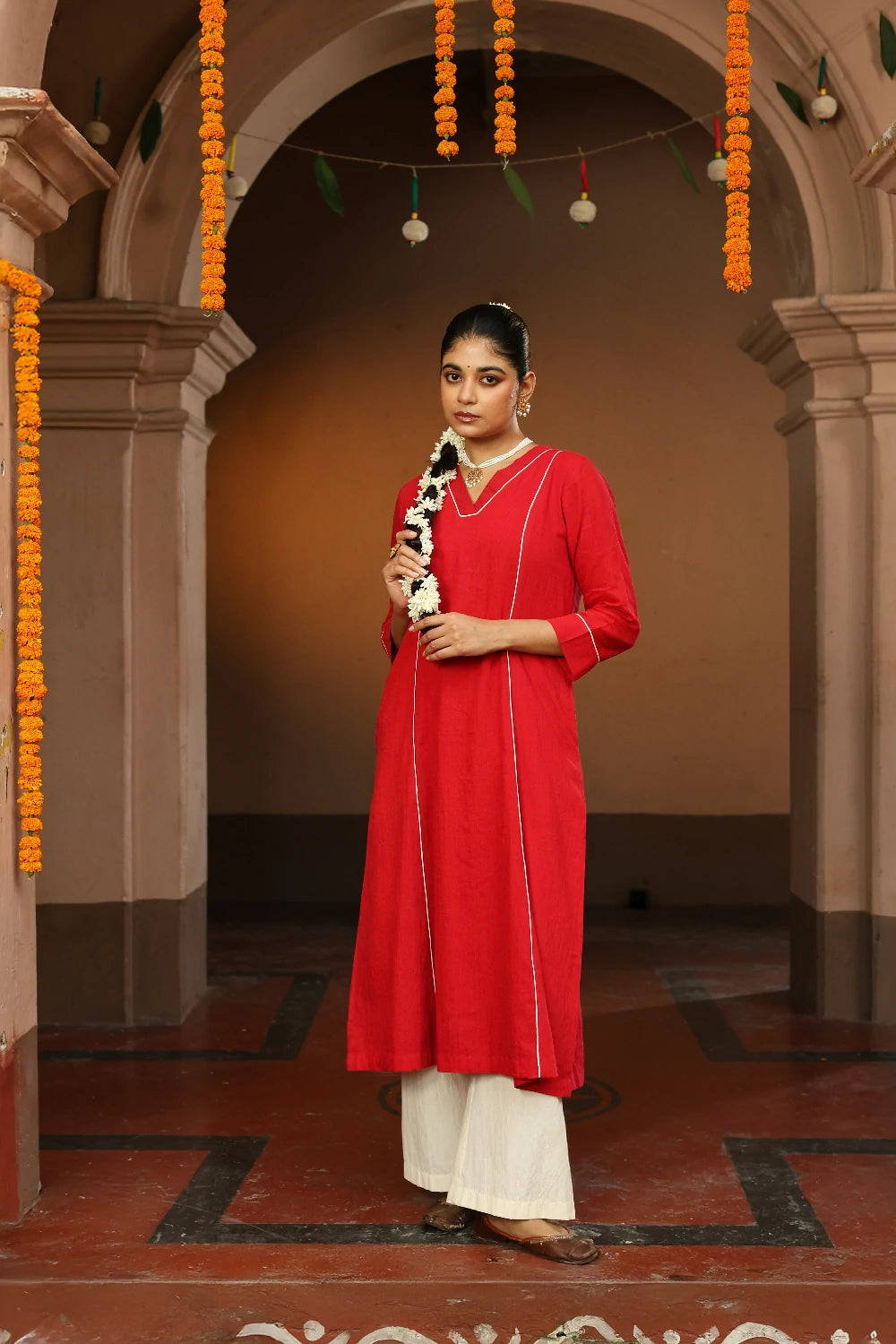 Red and White Jamdani Pujo Kurta Set With Dupatta