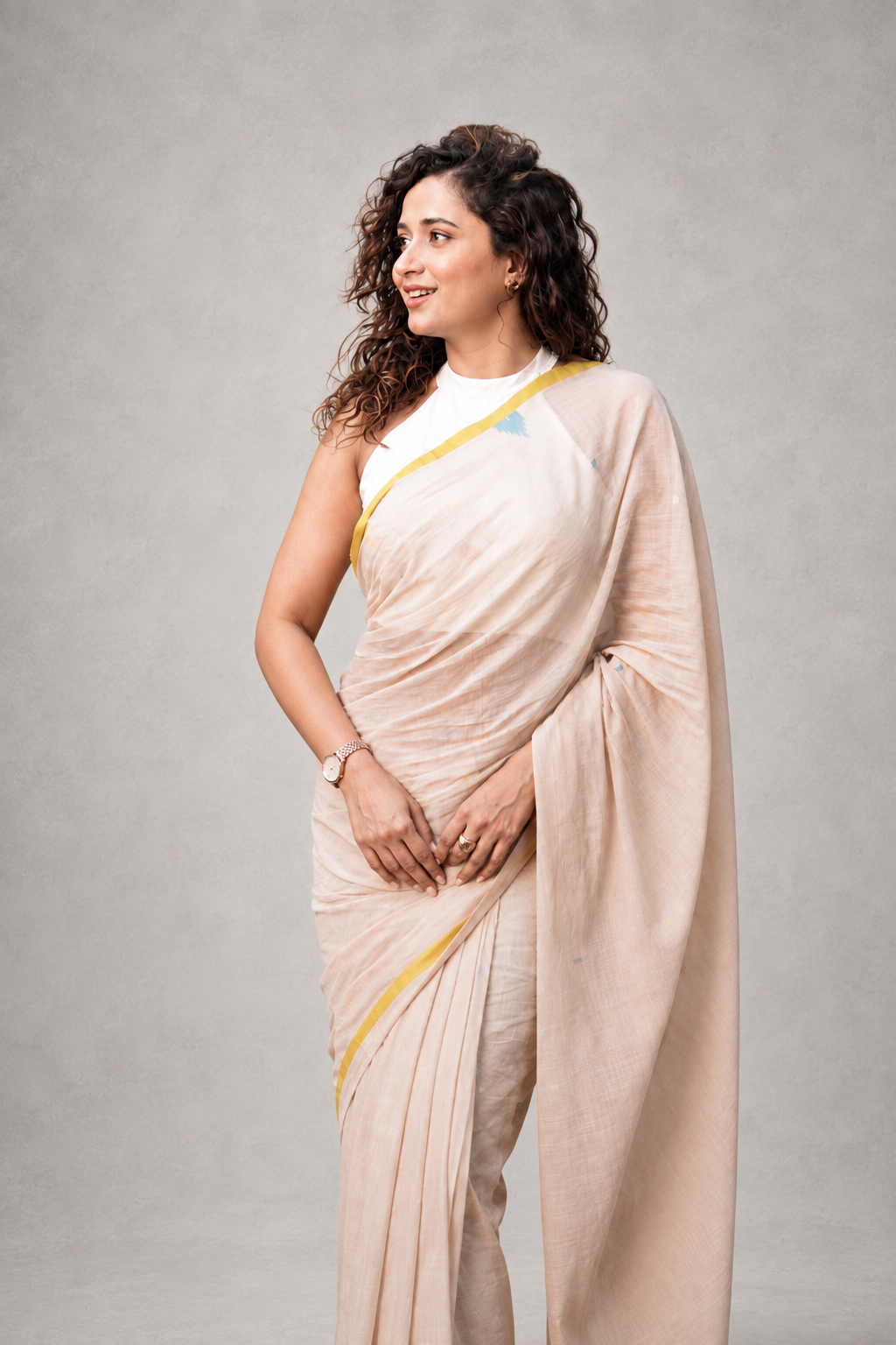 Handloom Beige Pure Cotton Jamdani Saree With Bird Motifs