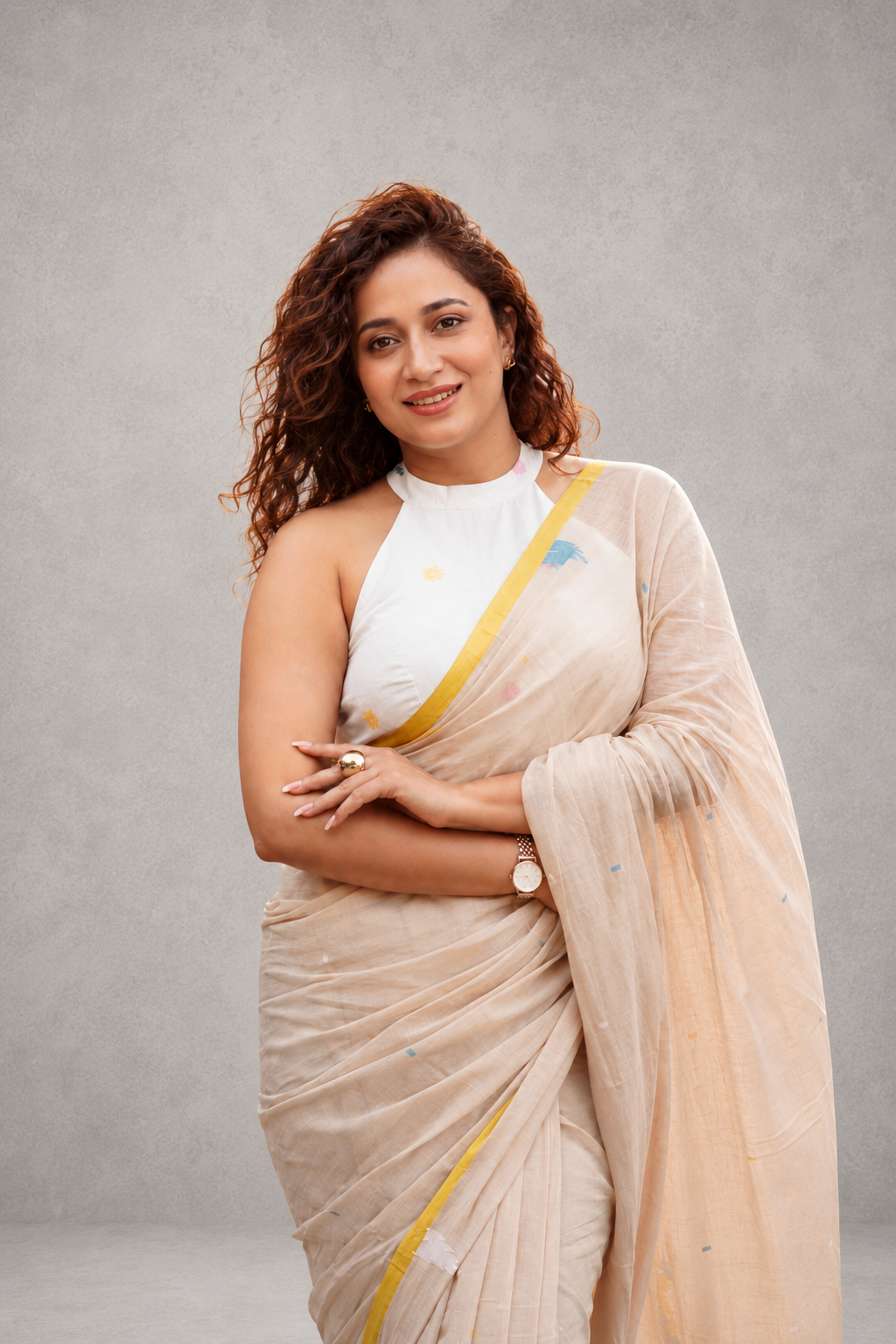 Handloom Beige Pure Cotton Jamdani Saree With Bird Motifs