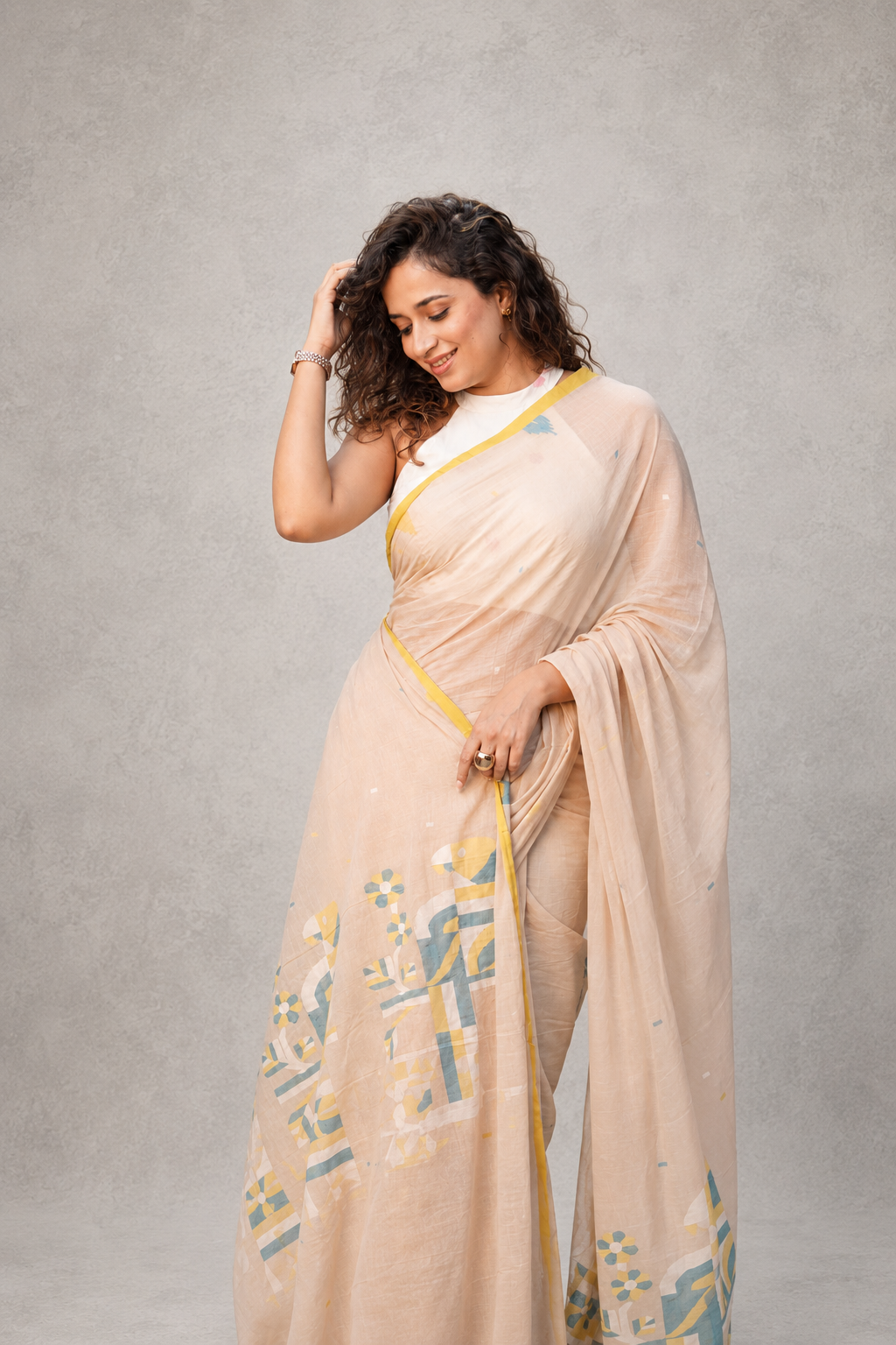 Handloom Beige Pure Cotton Jamdani Saree With Bird Motifs