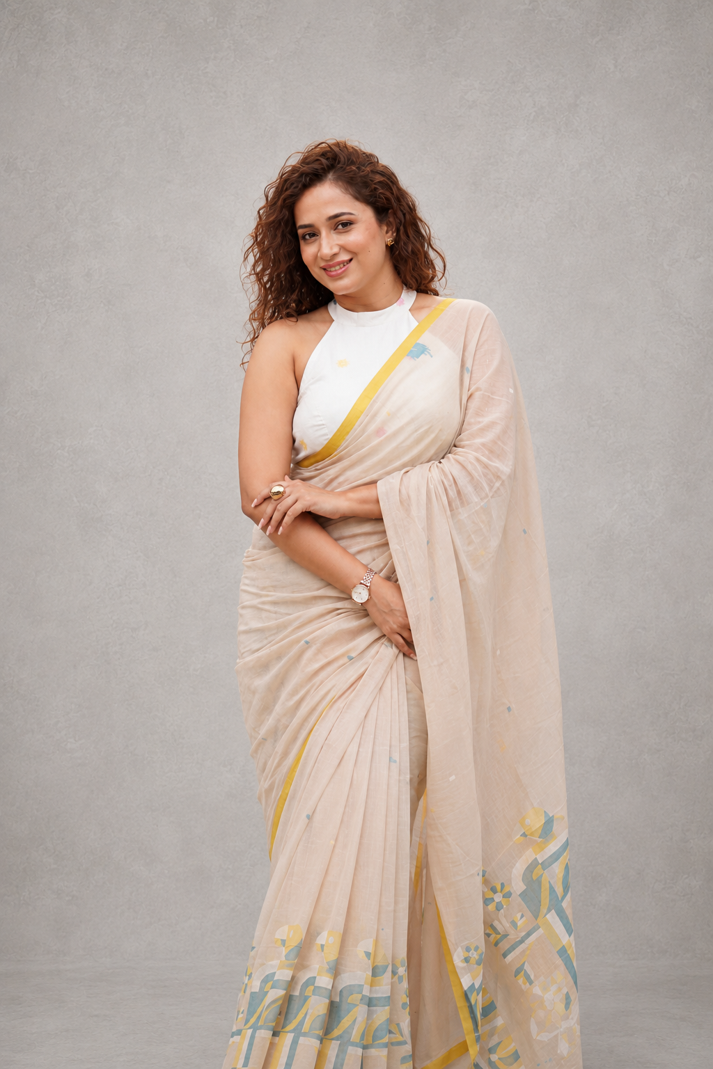 Handloom Beige Pure Cotton Jamdani Saree With Bird Motifs