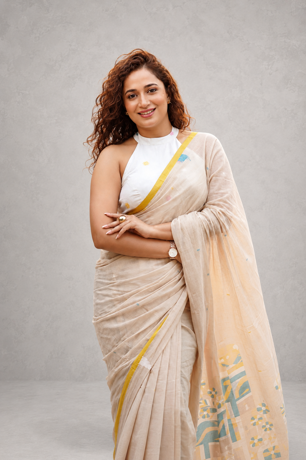 Handloom Beige Pure Cotton Jamdani Saree With Bird Motifs