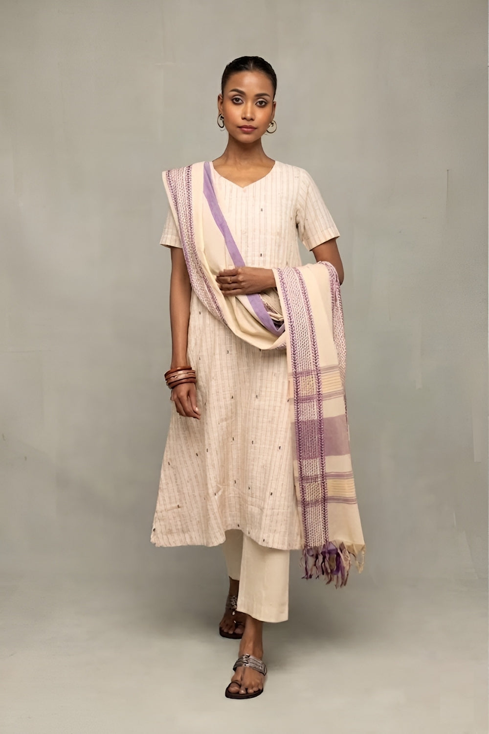 Cream and Mauve South South Cotton Zari Kurta Set with Dupatta