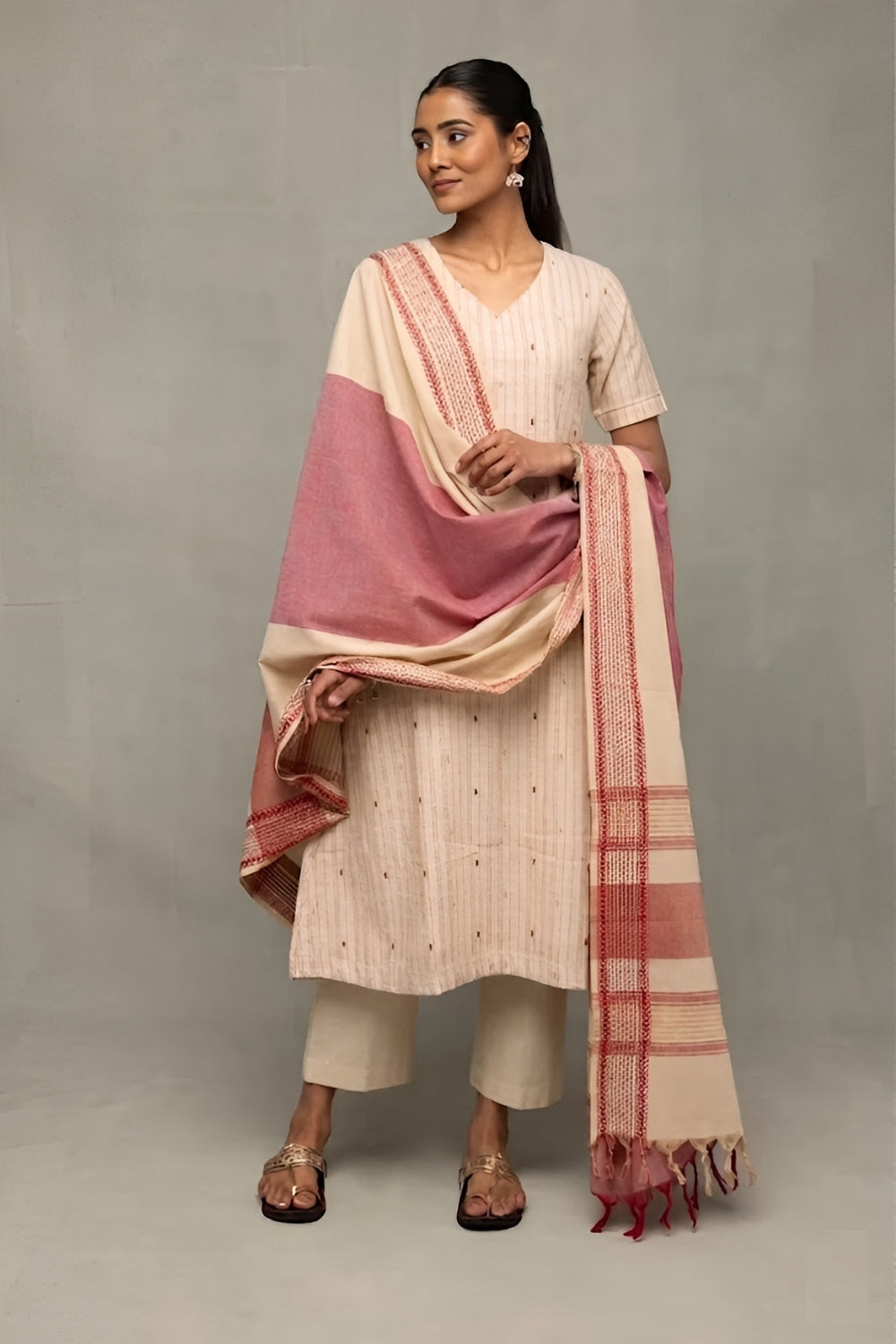 Cream and Pink South Cotton Zari  Kurta Set With Dupatta