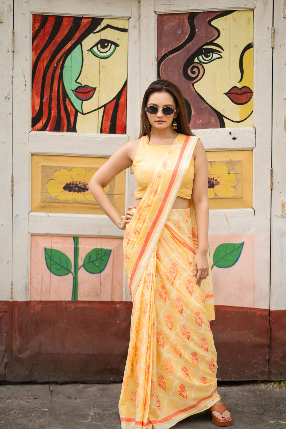Yellow Floral Hand Block Print Saree