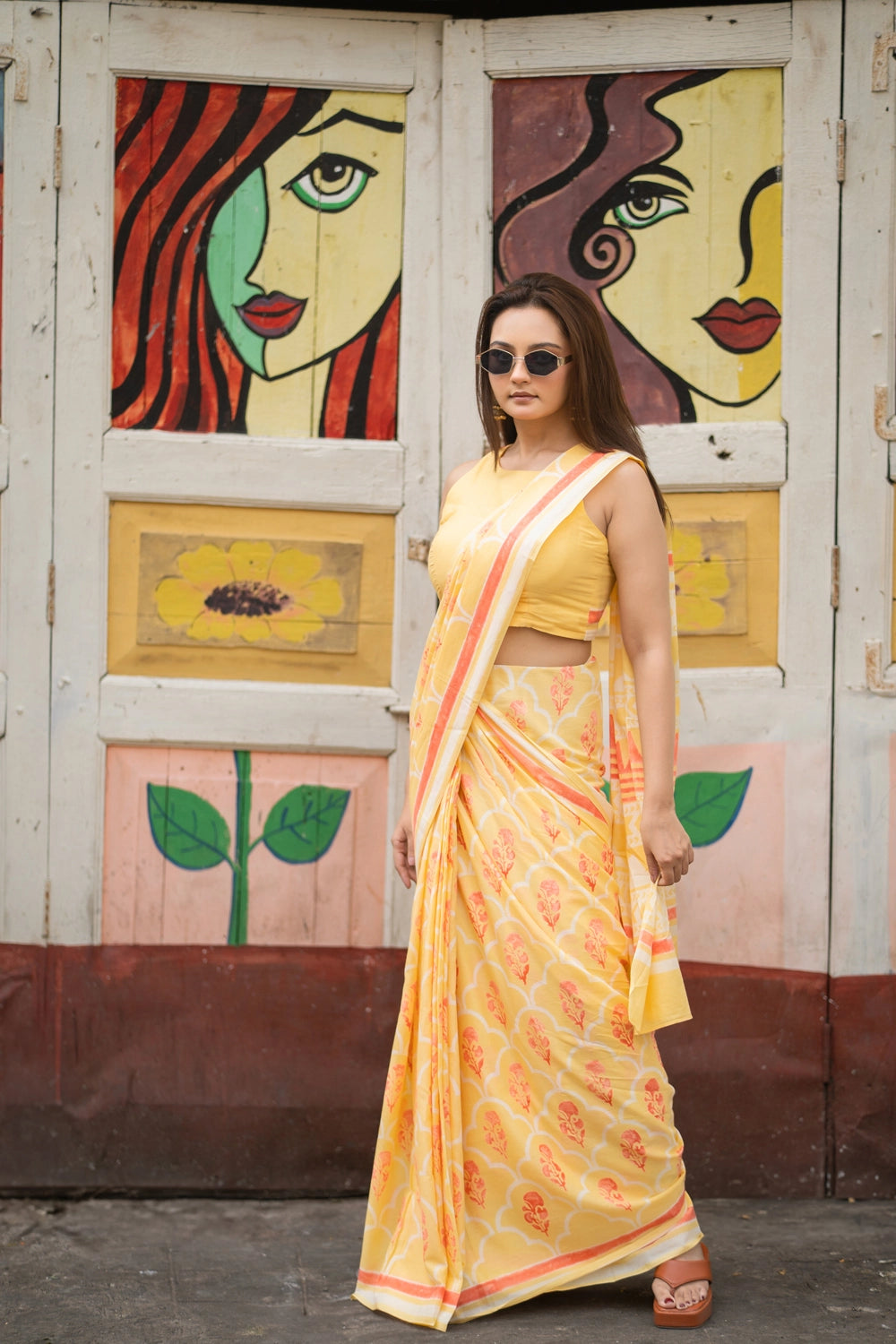 Yellow Floral Hand Block Print Saree