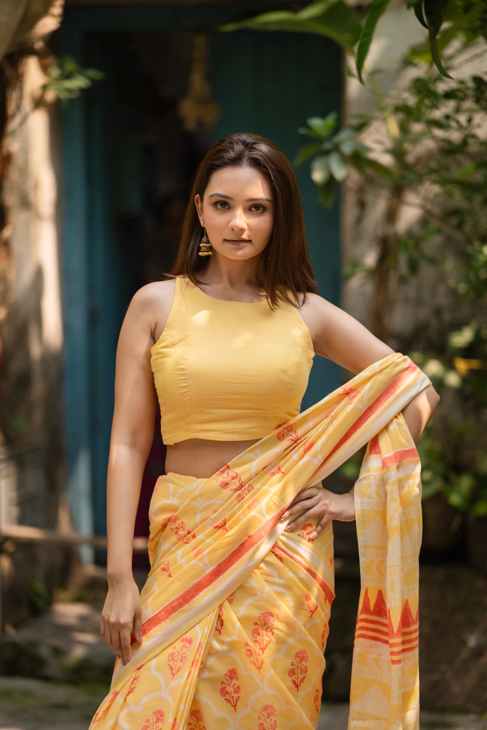 Yellow Floral Hand Block Print Saree + Blouse Combo