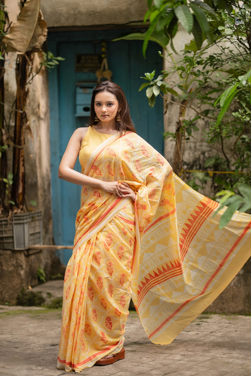 Yellow Floral Hand Block Print Saree