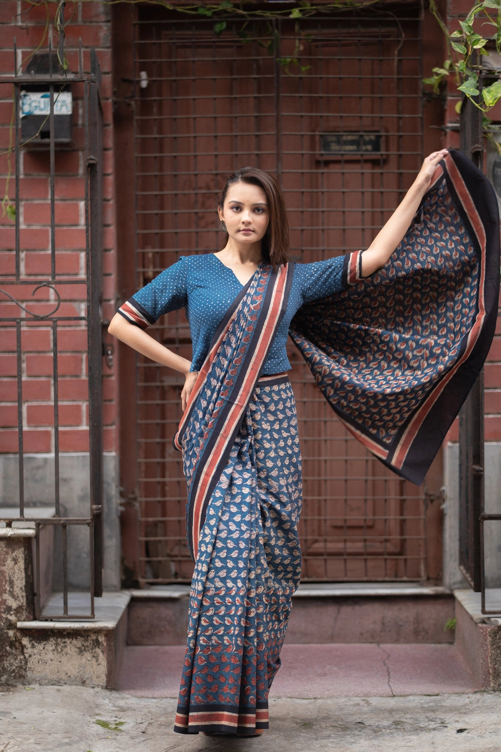 Indigo Bird Hand Block Print Saree