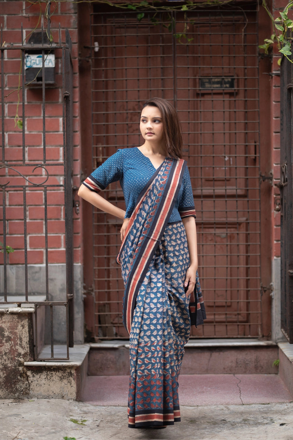 Indigo Bird Hand Block Print Saree + Blouse Combo