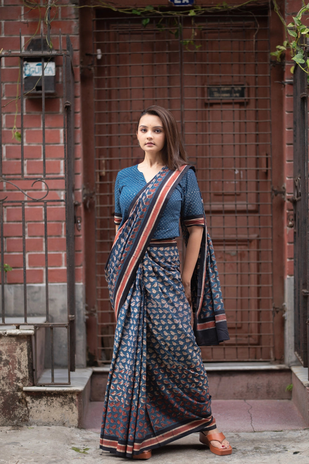 Indigo Bird Hand Block Print Saree