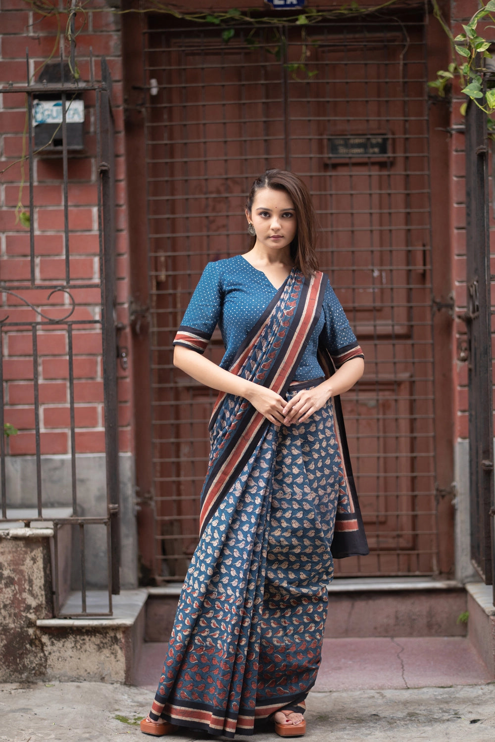 Indigo Bird Hand Block Print Saree