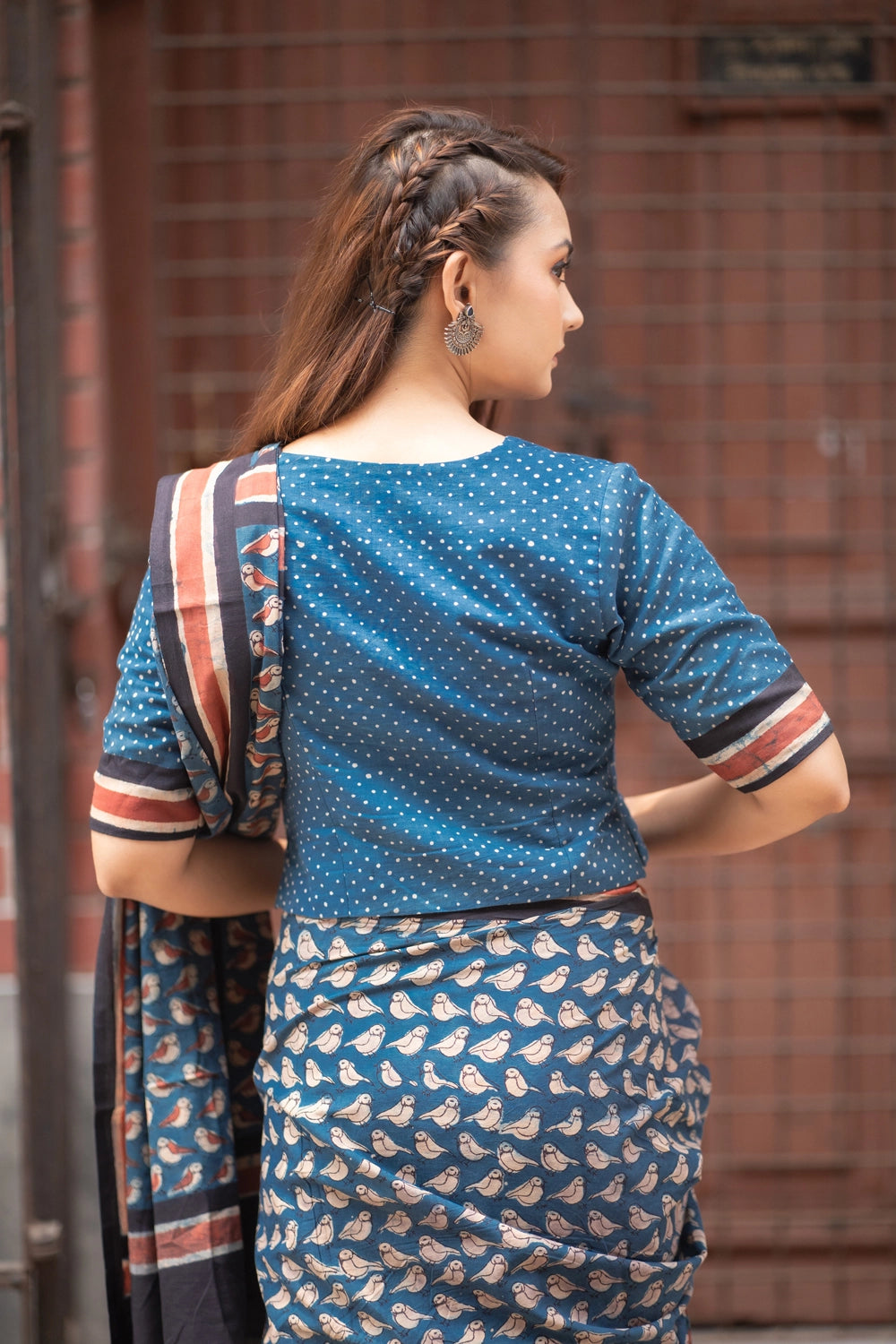Indigo Bird Hand Block Print Saree + Blouse Combo