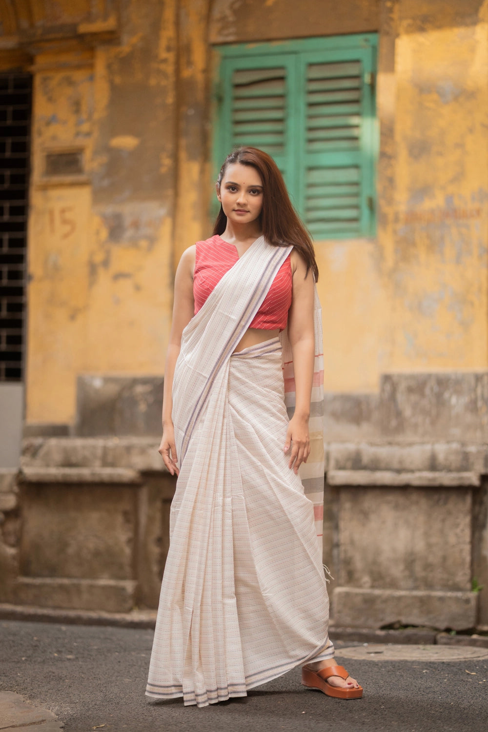 Handloom White Multi Colour Pure Cotton Kantha Stripes Saree