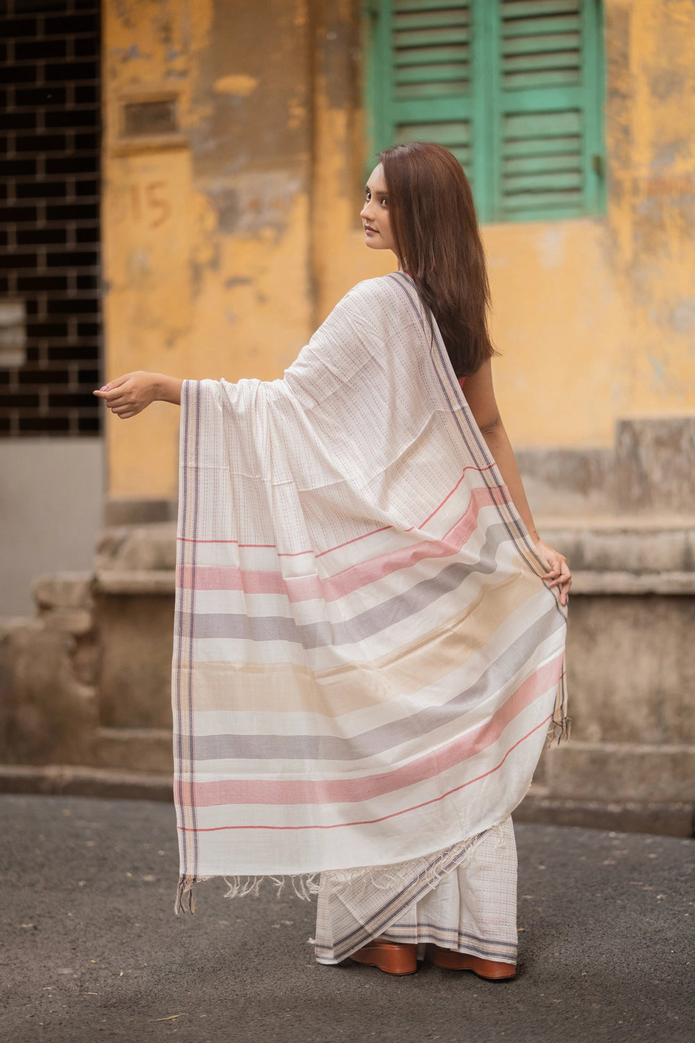 Handloom White Multi Colour Pure Cotton Kantha Stripes Saree