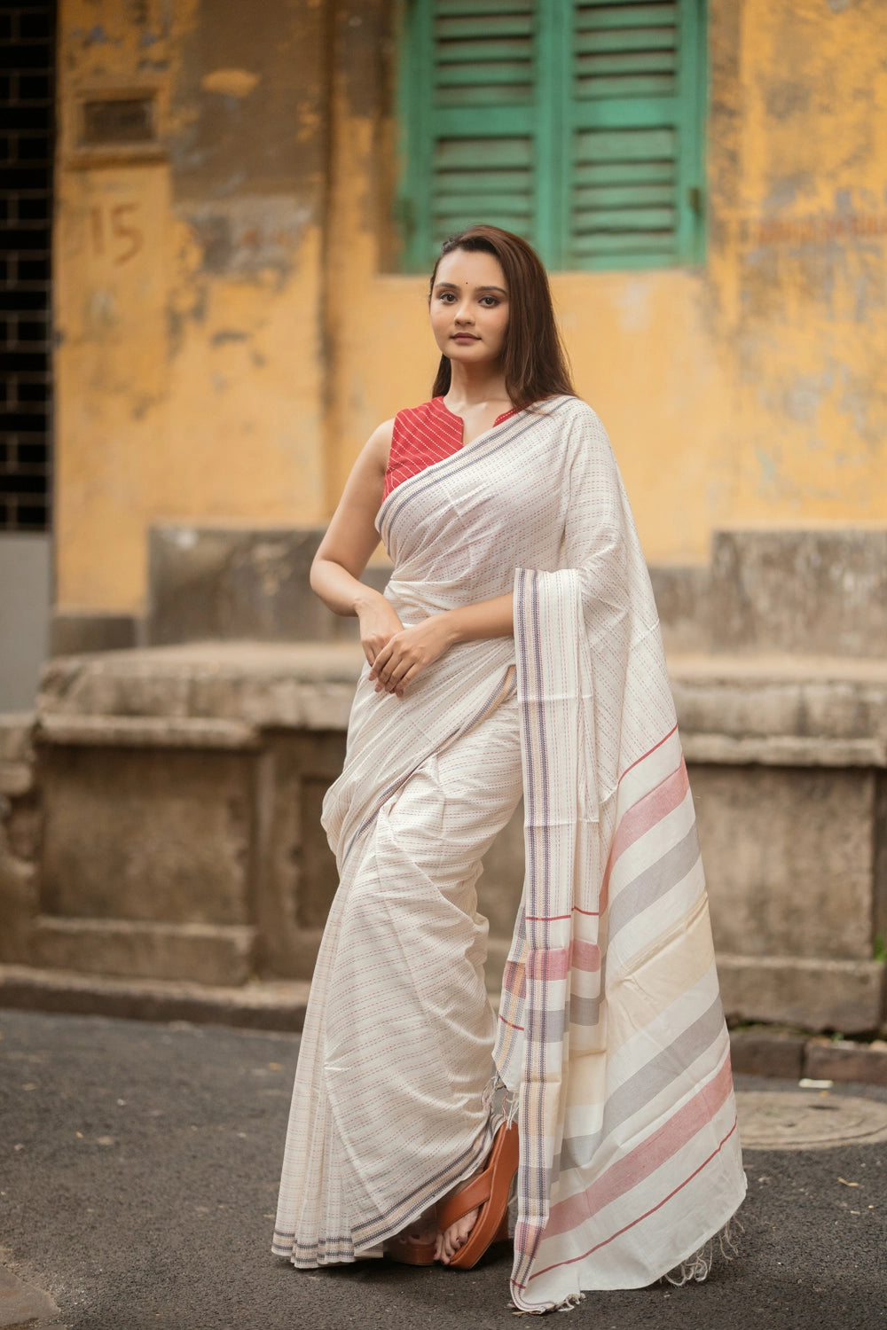 Handloom White Multi Colour Pure Cotton Kantha Stripes Saree