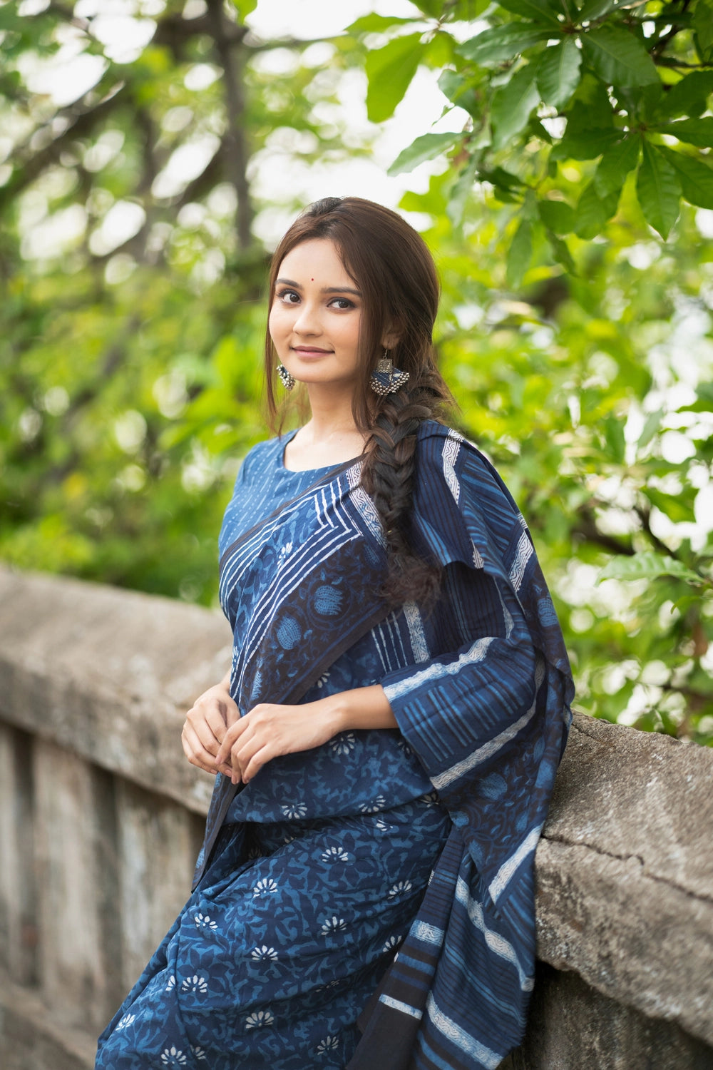 Indigo Floral Hand Block Print Saree + Blouse Combo