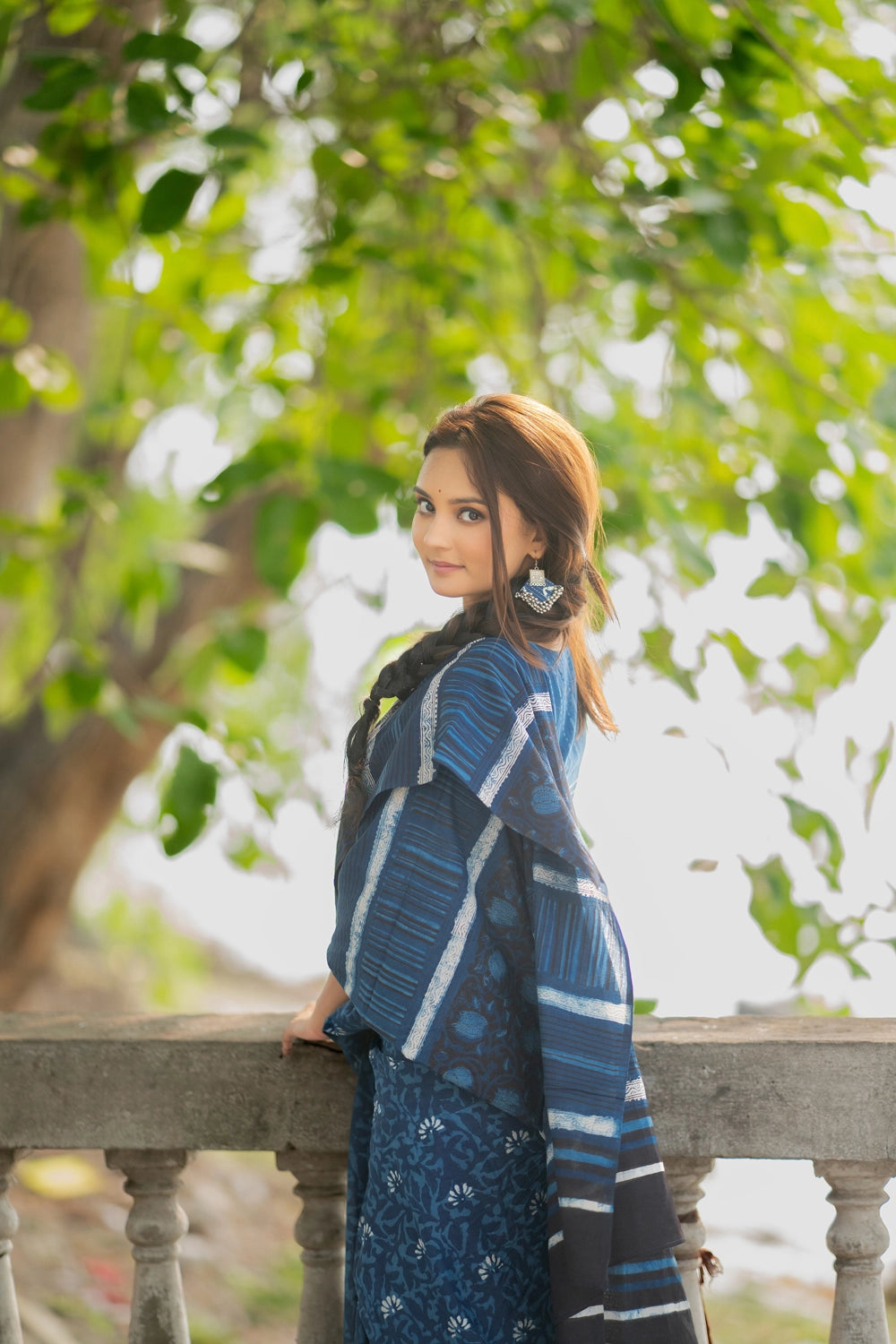 Indigo Floral Hand Block Print Saree + Blouse Combo