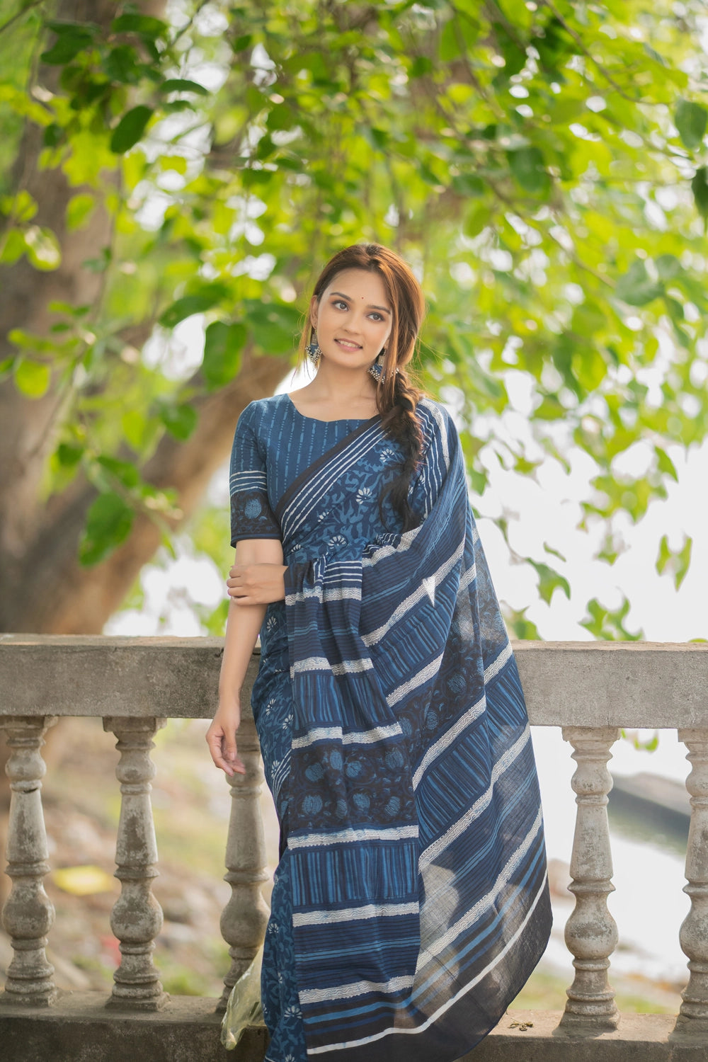 Indigo Floral Hand Block Print Saree + Blouse Combo