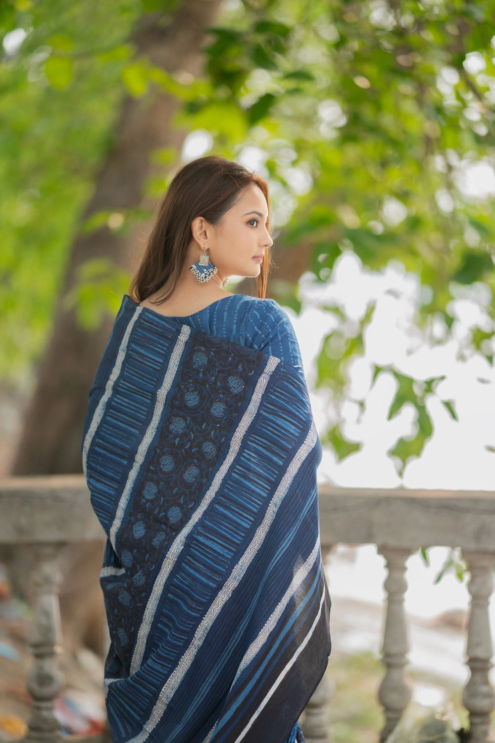 Indigo Blue Floral Hand Block Print Saree