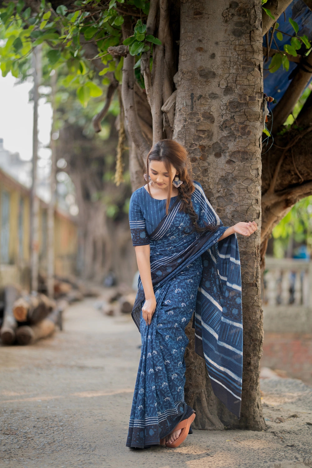 Indigo Blue Floral Hand Block Print Saree