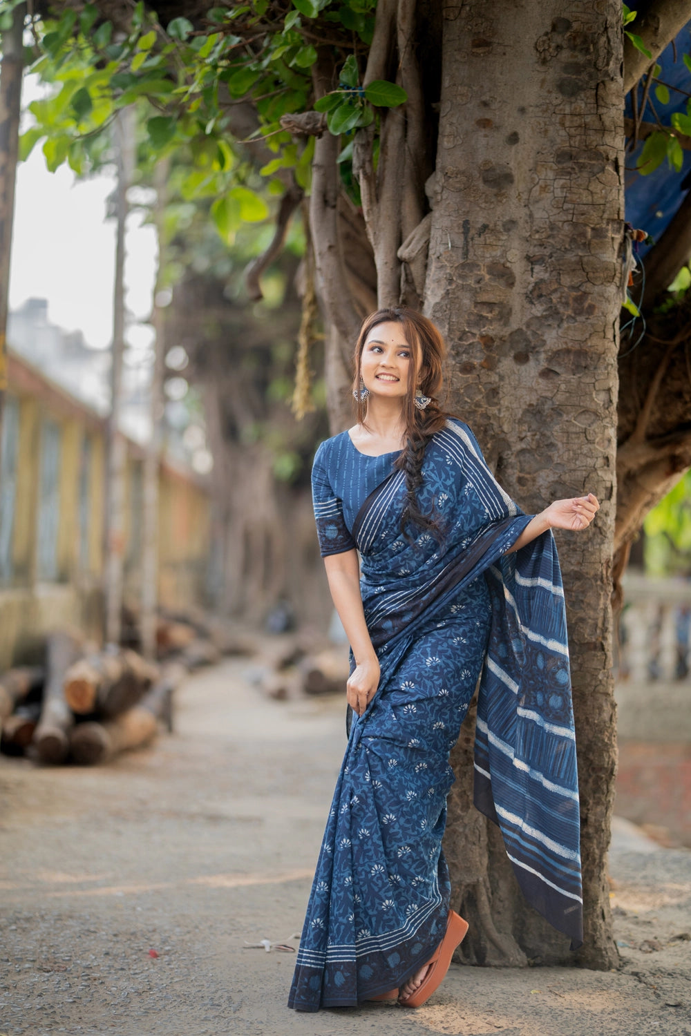 Indigo Blue Floral Hand Block Print Saree