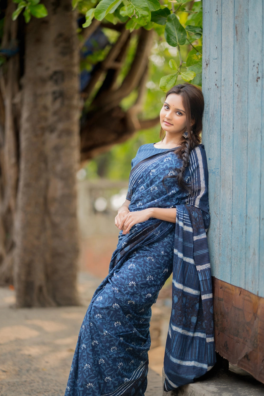 Indigo Blue Floral Hand Block Print Saree