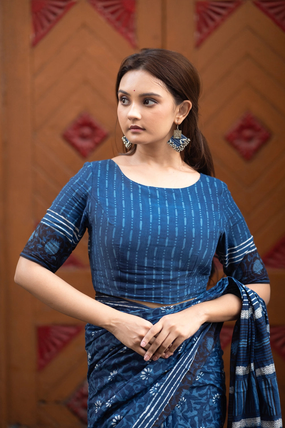 Indigo Floral Hand Block Print Saree + Blouse Combo