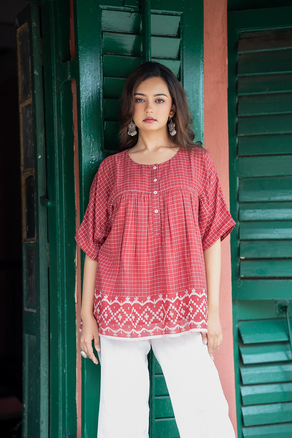 Crimson Checkered Jamdani Top