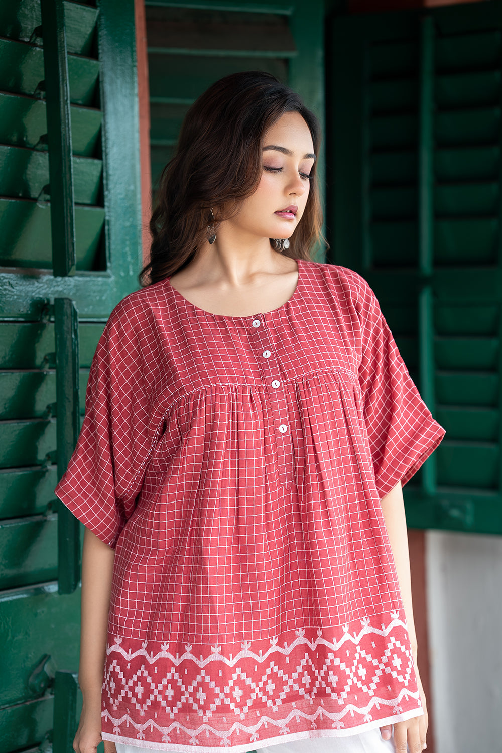 Crimson Checkered Jamdani Top