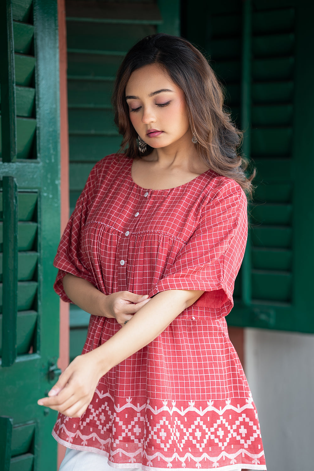 Crimson Checkered Jamdani Top