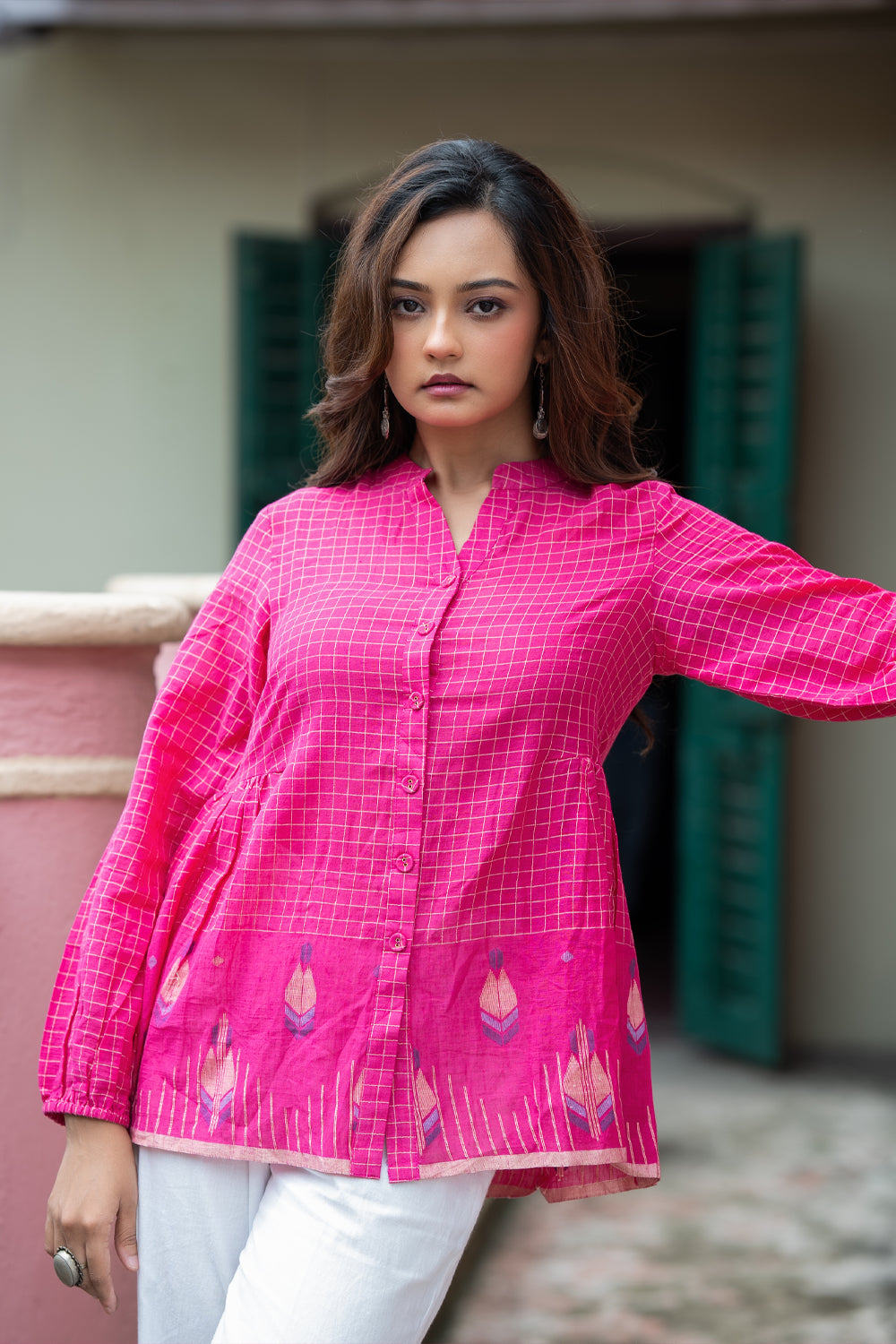 Gulnaar Pink Handwoven Jamdani Cotton Top