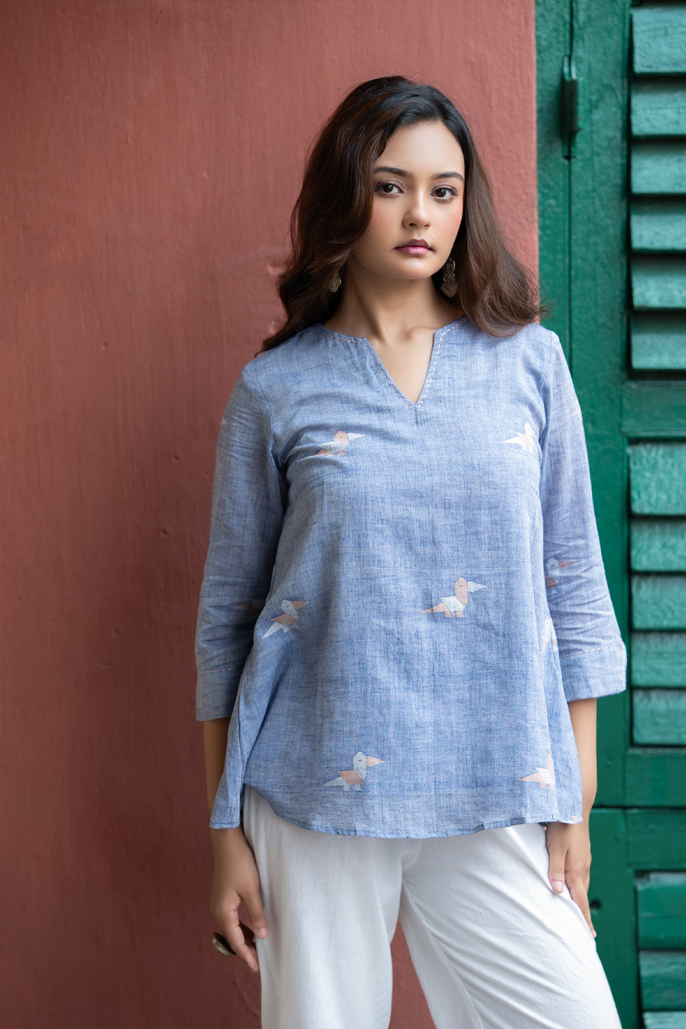 Powder Blue Jamdani Bird Motif Top