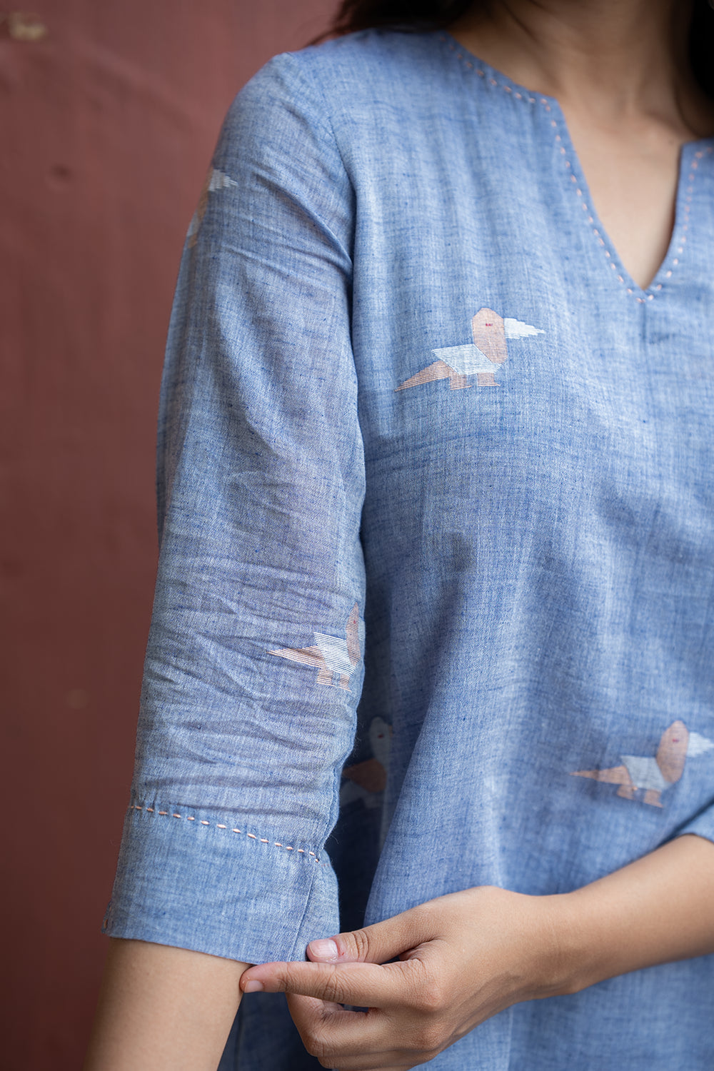 Powder Blue Jamdani Bird Motif Top