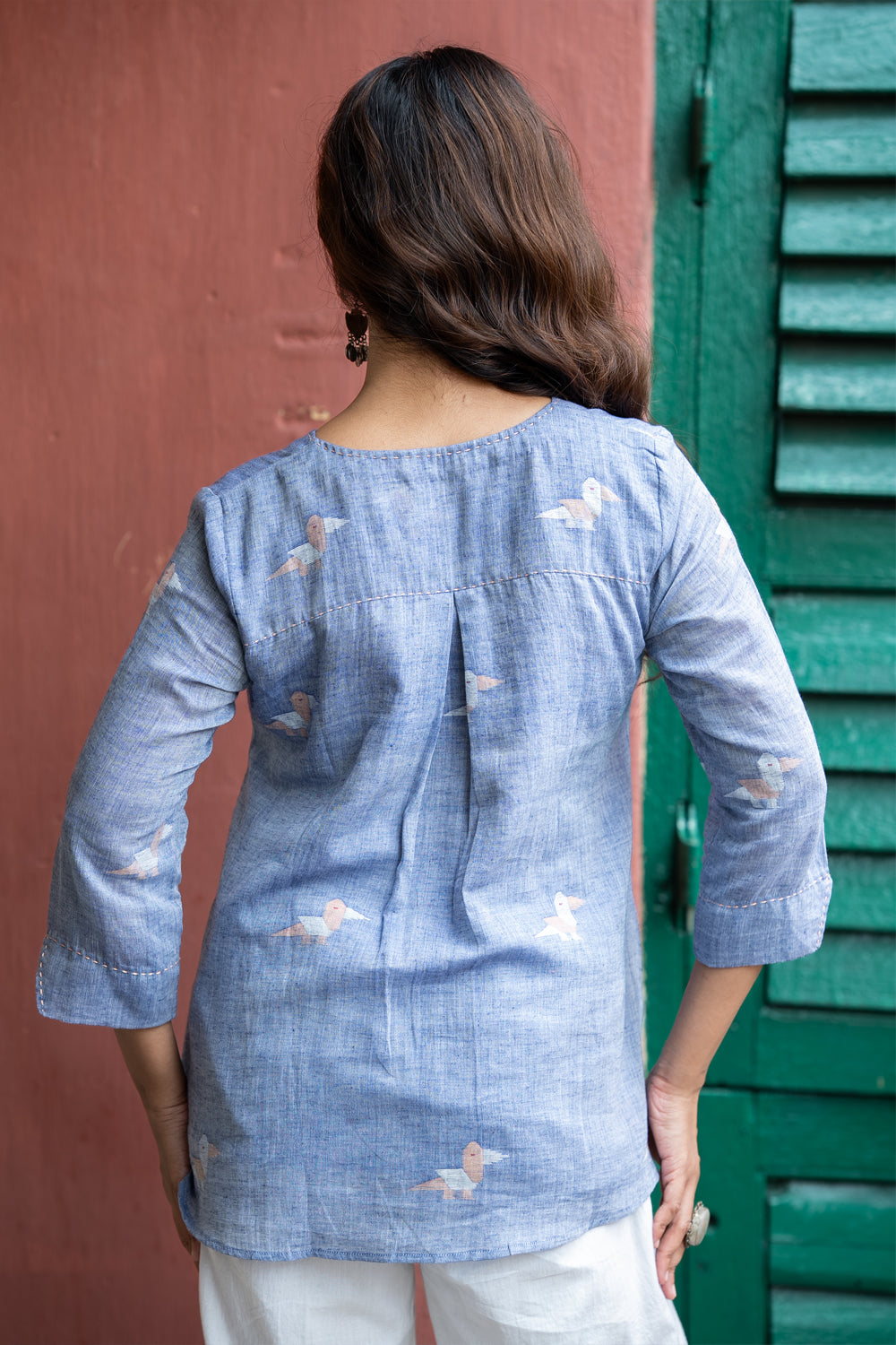 Powder Blue Jamdani Bird Motif Top