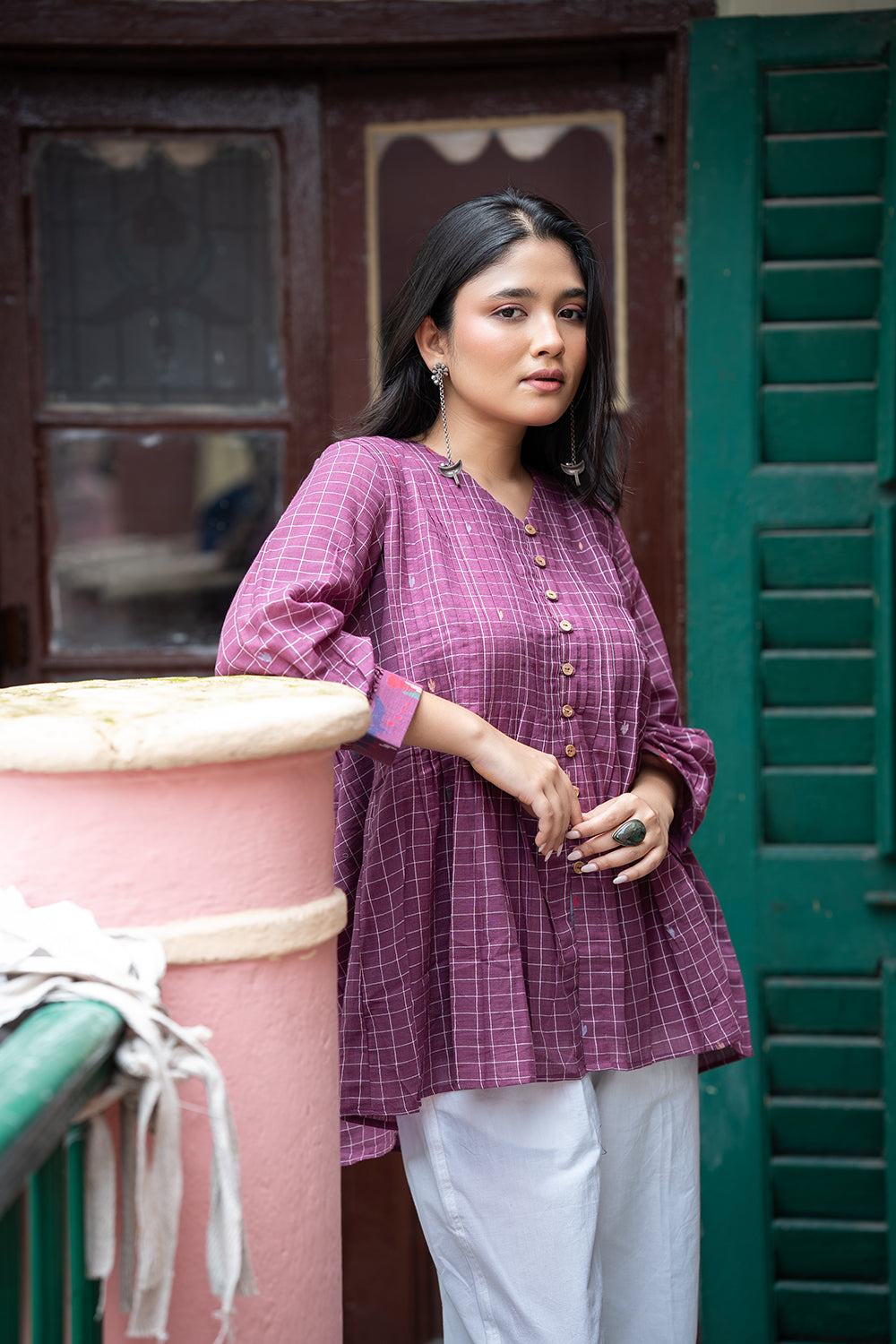 Mulberry Check Handwoven Pure Cotton Jamdani Top