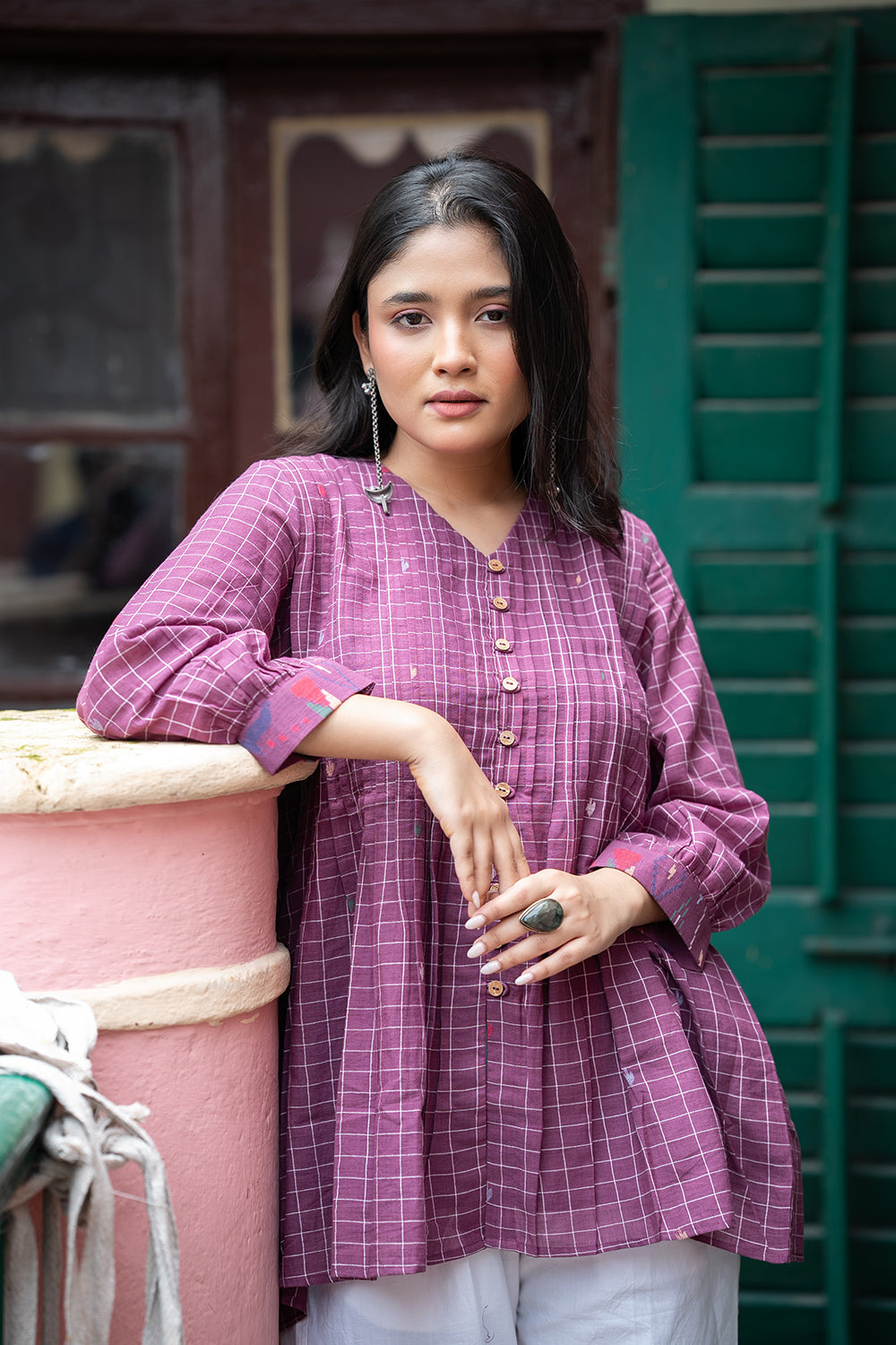 Mulberry Check Handwoven Pure Cotton Jamdani Top
