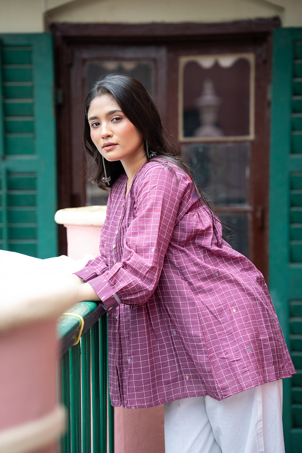 Mulberry Check Handwoven Pure Cotton Jamdani Top