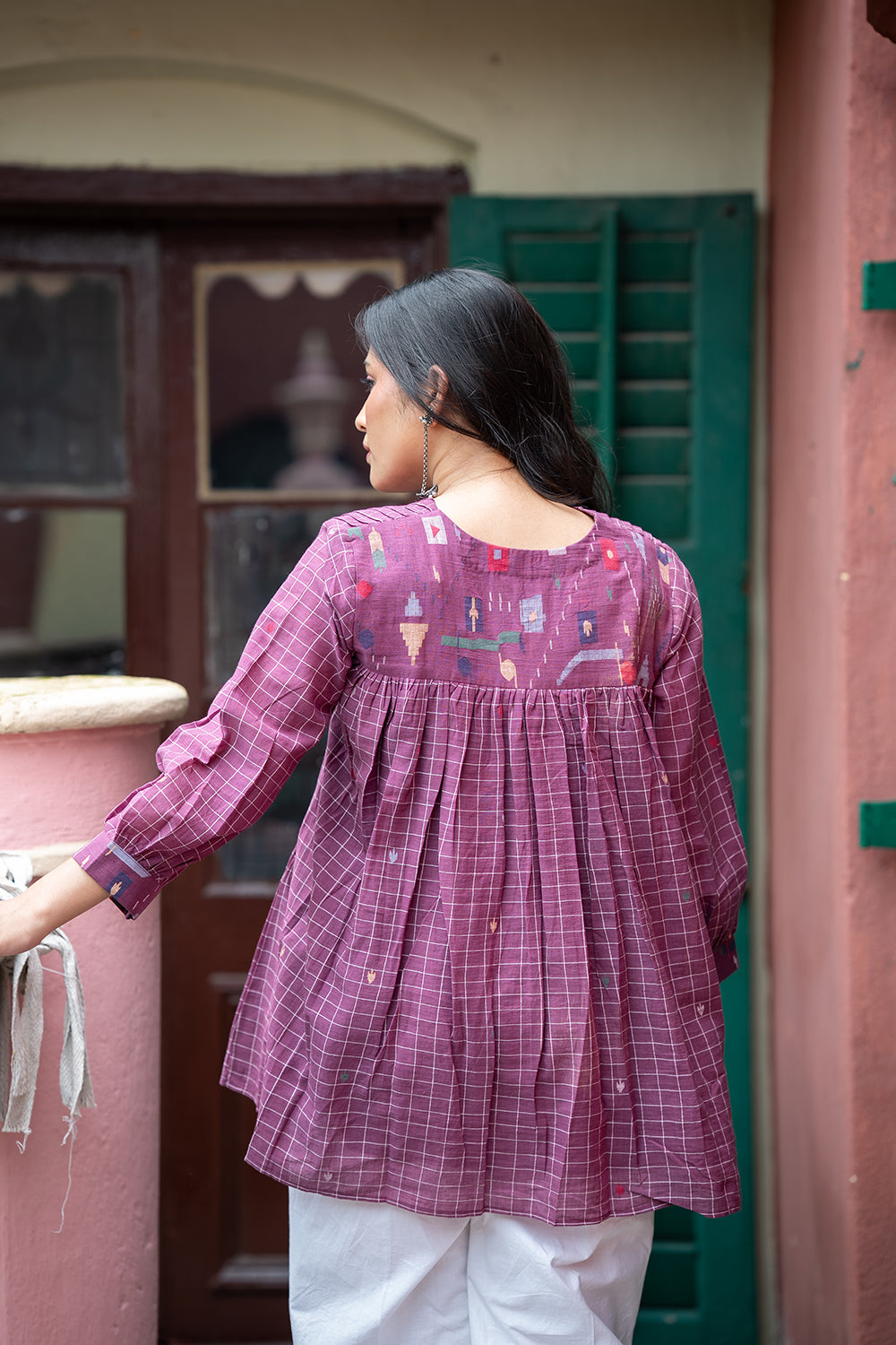 Mulberry Check Handwoven Pure Cotton Jamdani Top