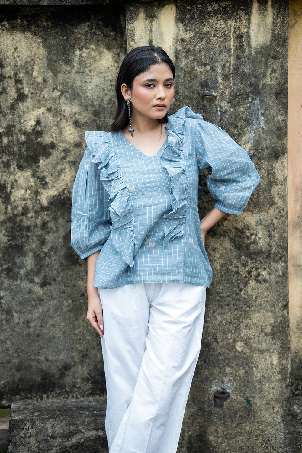 Dusty Blue Handwoven Pure Cotton Jamdani Top
