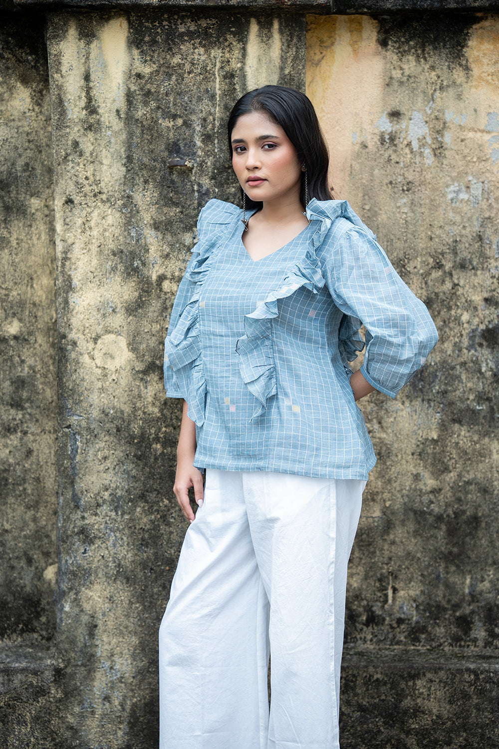 Dusty Blue Handwoven Pure Cotton Jamdani Top