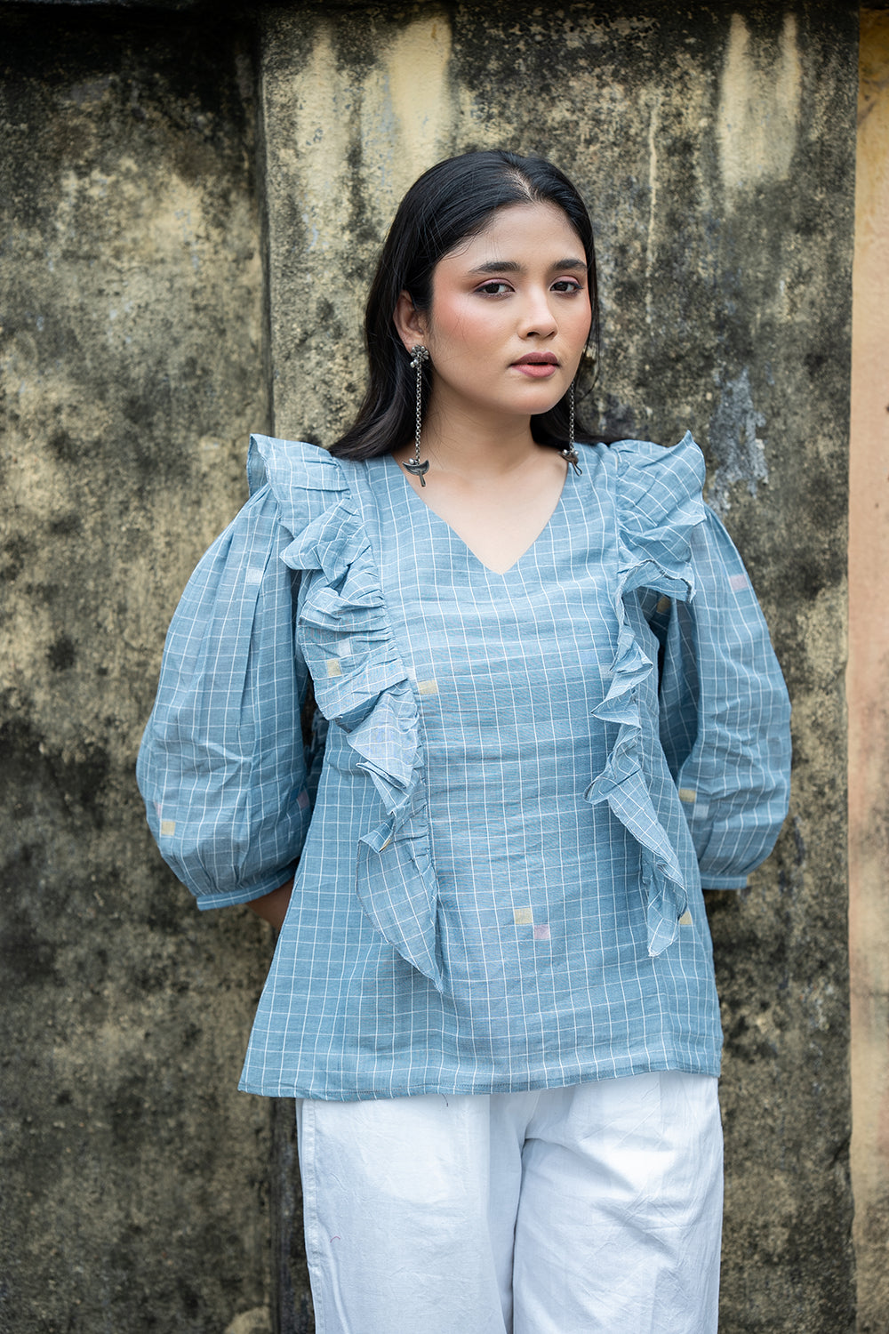 Dusty Blue Handwoven Pure Cotton Jamdani Top