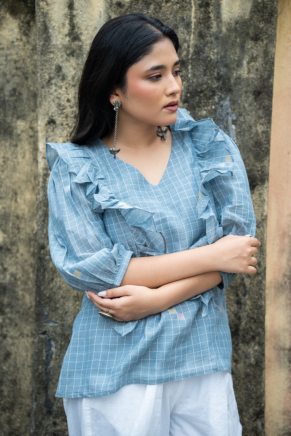Dusty Blue Handwoven Pure Cotton Jamdani Top