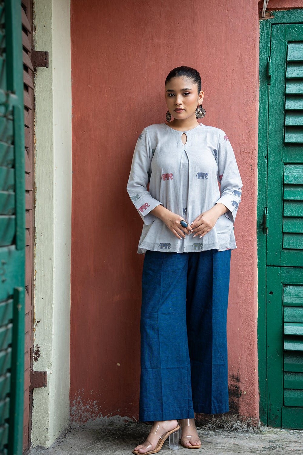Powder Blue Elephant Handwoven Jamdani Top