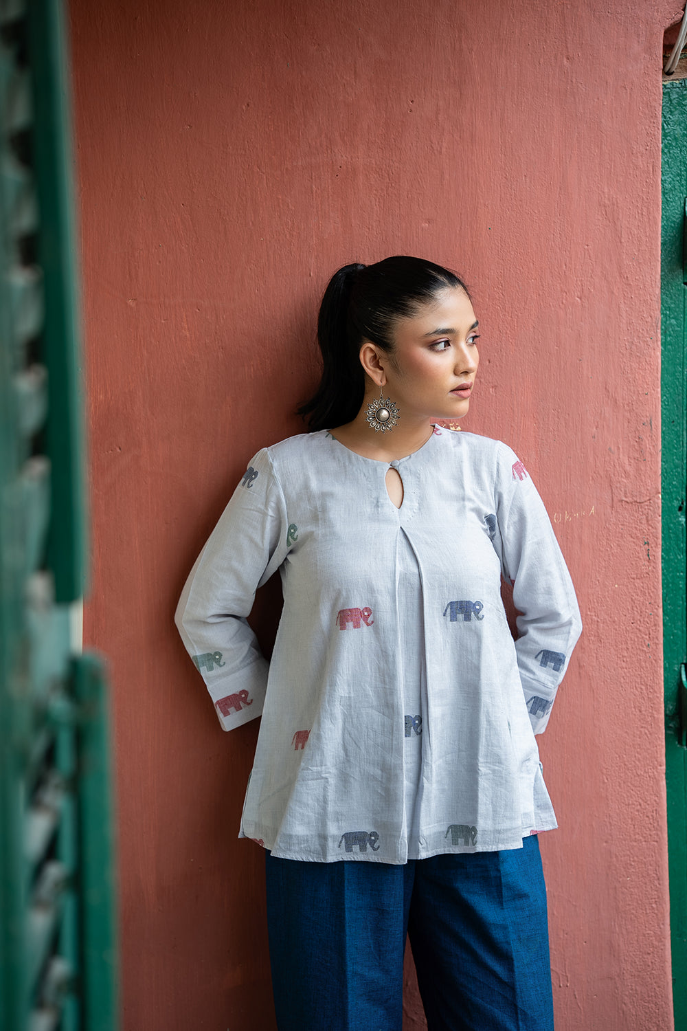 Powder Blue Elephant Handwoven Jamdani Top