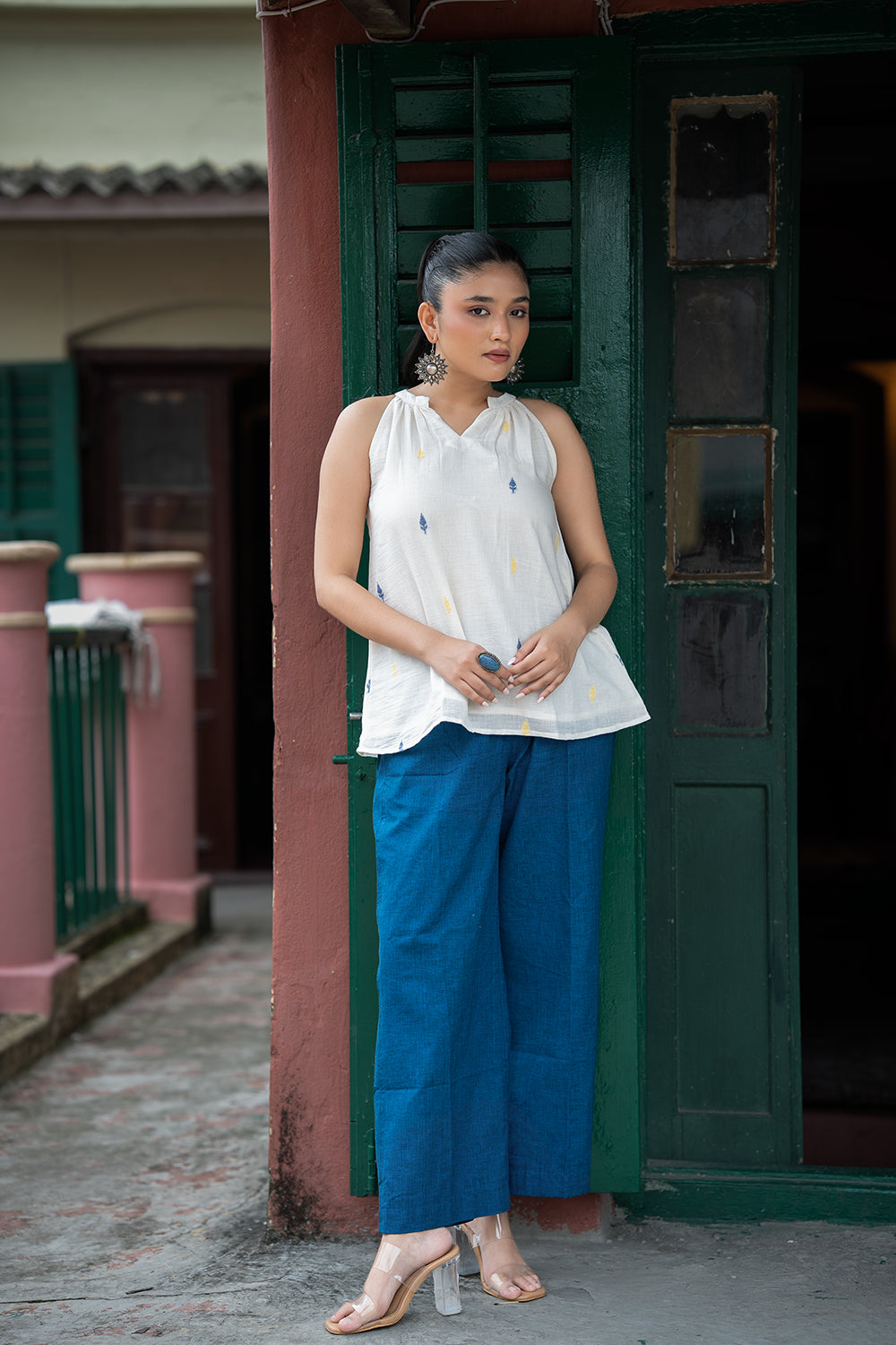 Off White Leaf Jamdani Top